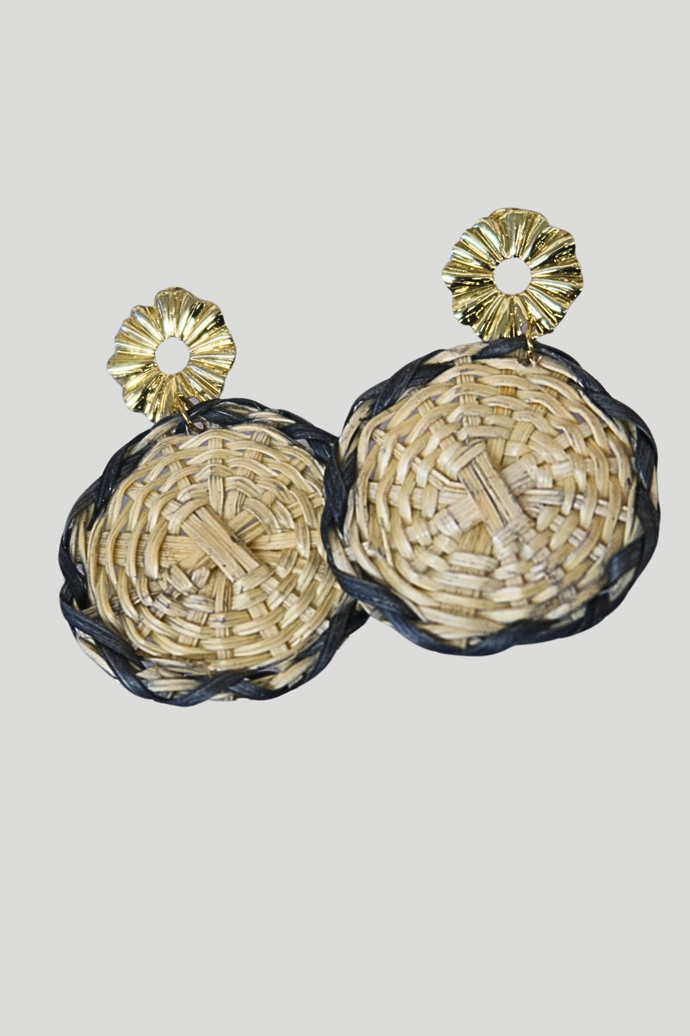 Circle Rattan Earrings - Beige/Black