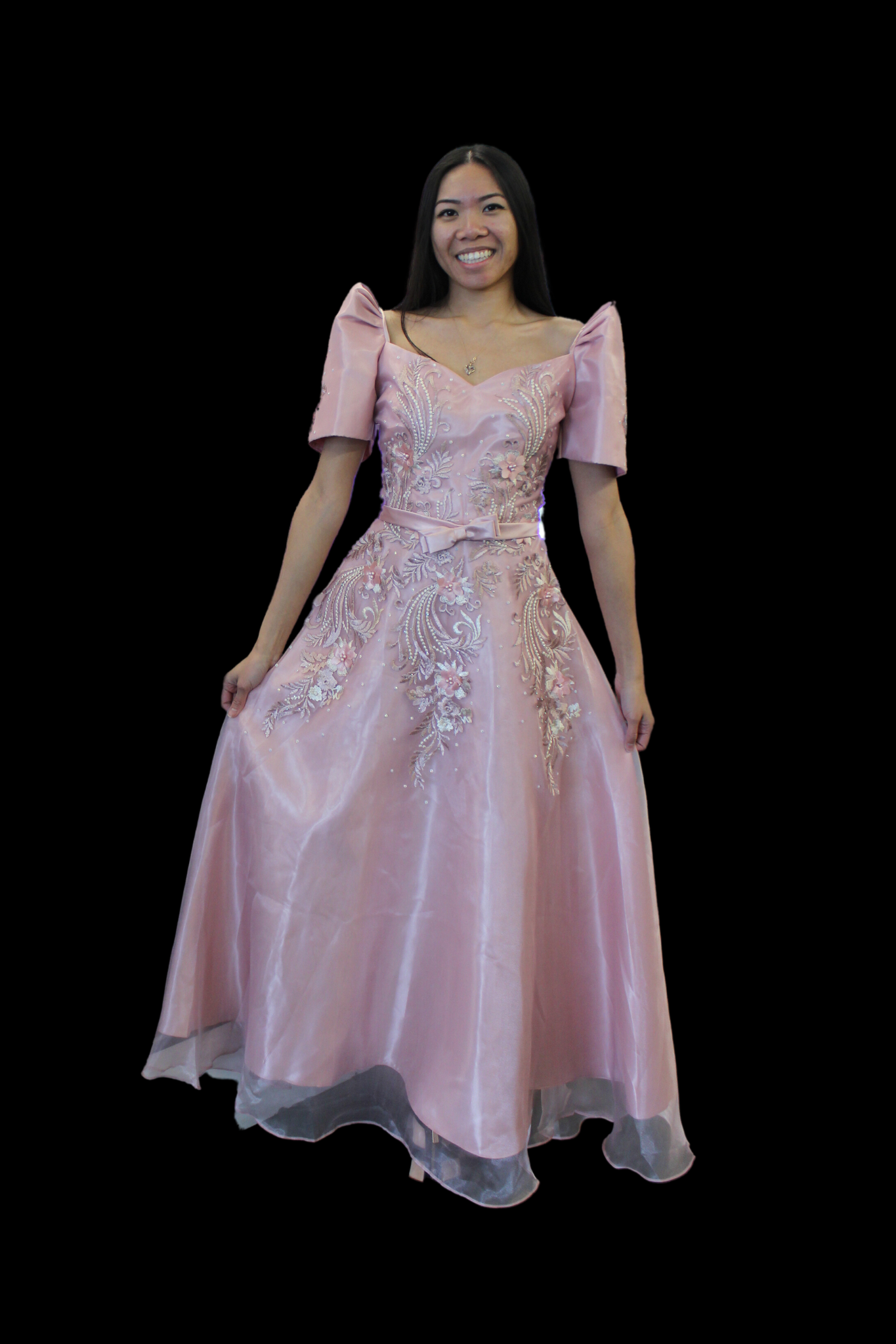 Light Pink Mestiza Satin Gown w/ 3D Lace