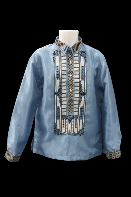 Bead Barong - Dusty Blue & Black Organza