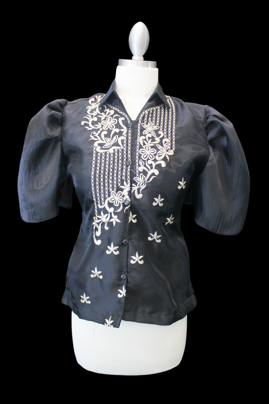 Black Filipiniana Blouse w/ Organza Sleeves