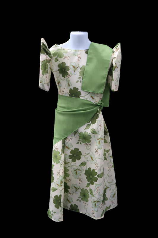 Girls Balintawak Dress - Olive Green Floral