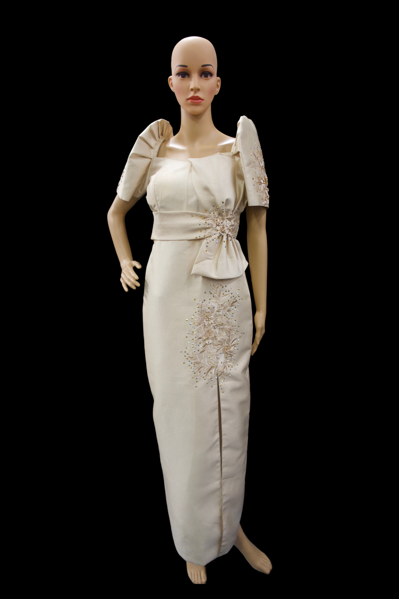 Metallic Gazar Straight Cut Gown - Champagne/Beige – CMC Boutique LV