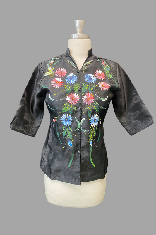 3/4 Sleeve Hand Painted Barong Blouse - Black