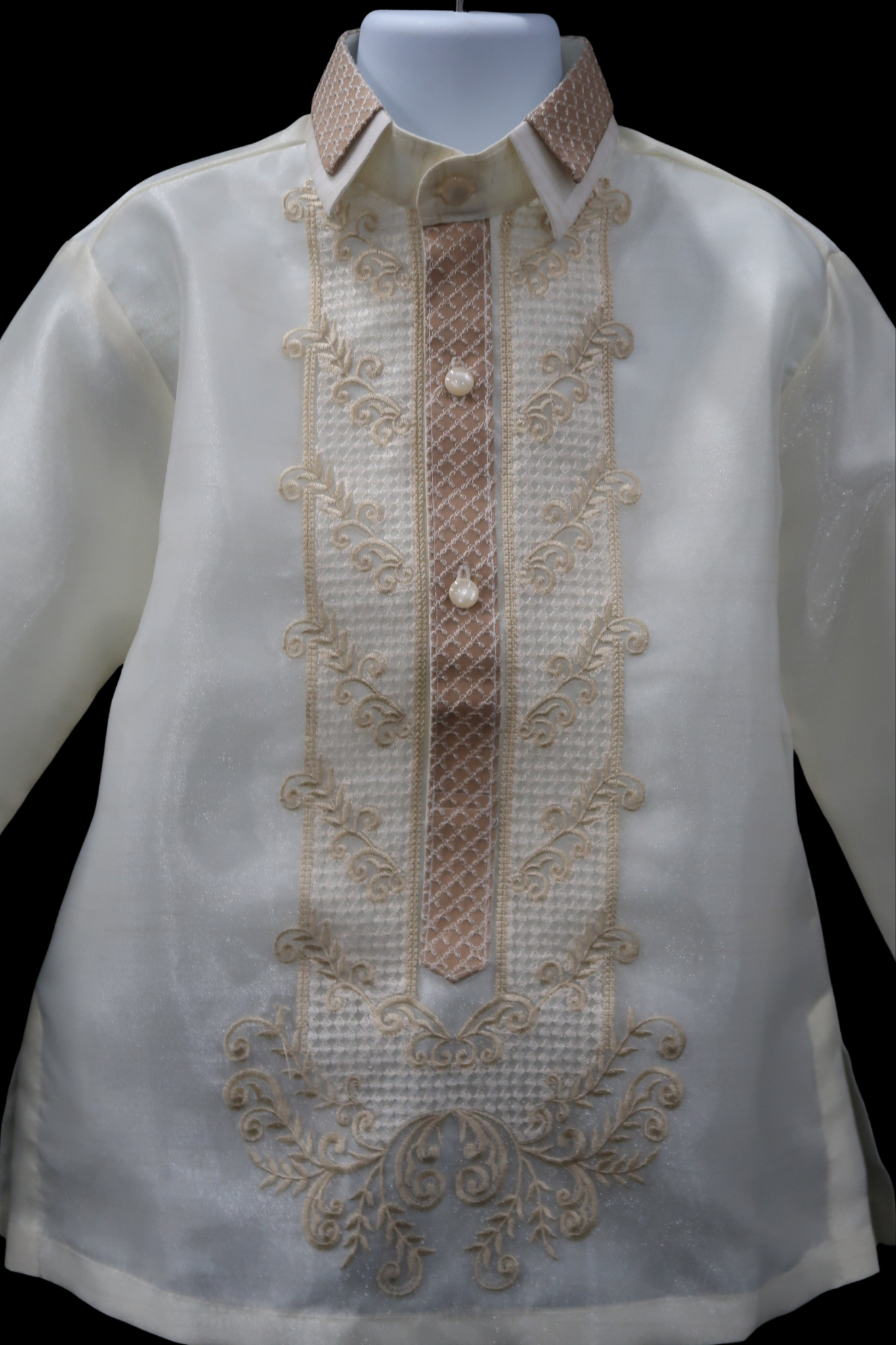Kids Double Collar Barong - Beige Organza