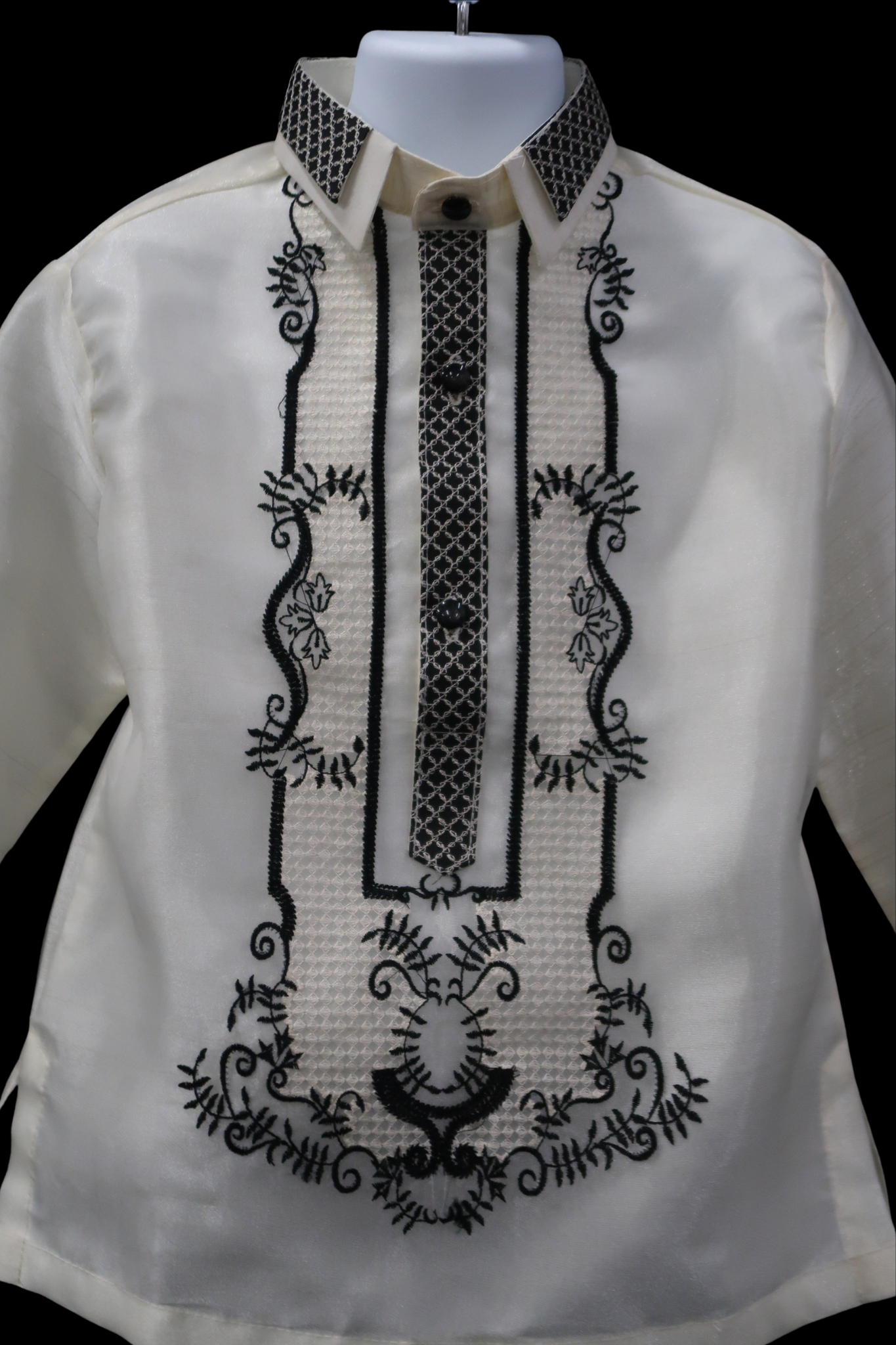 Kids Double Collar Barong - Beige & Black Organza