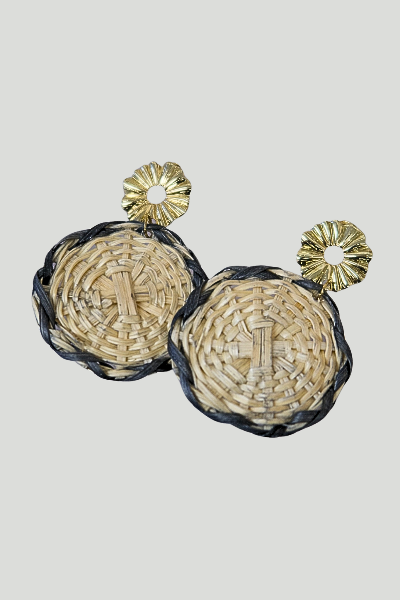 Circle Rattan Earrings - Beige/Black