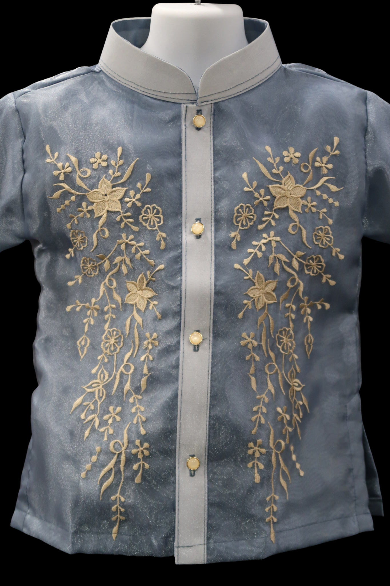 Kids Short Sleeve Barong - Dusty Blue Organza