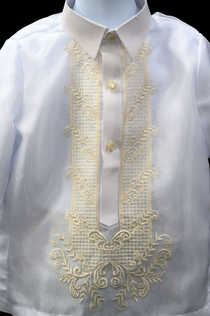 Kids Twine Barong - White & Beige Organza