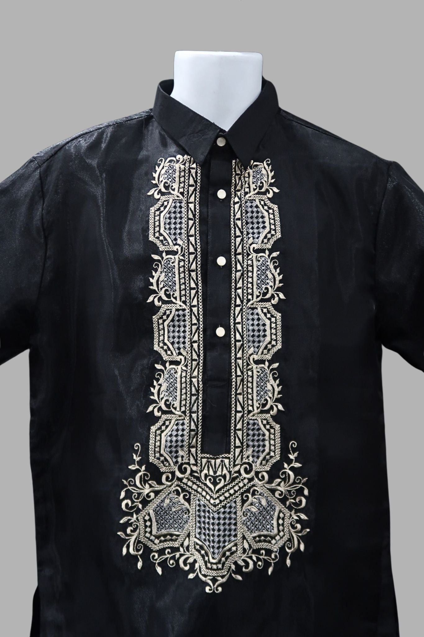 Talim Short Sleeve Barong – Black & Mocha Organza