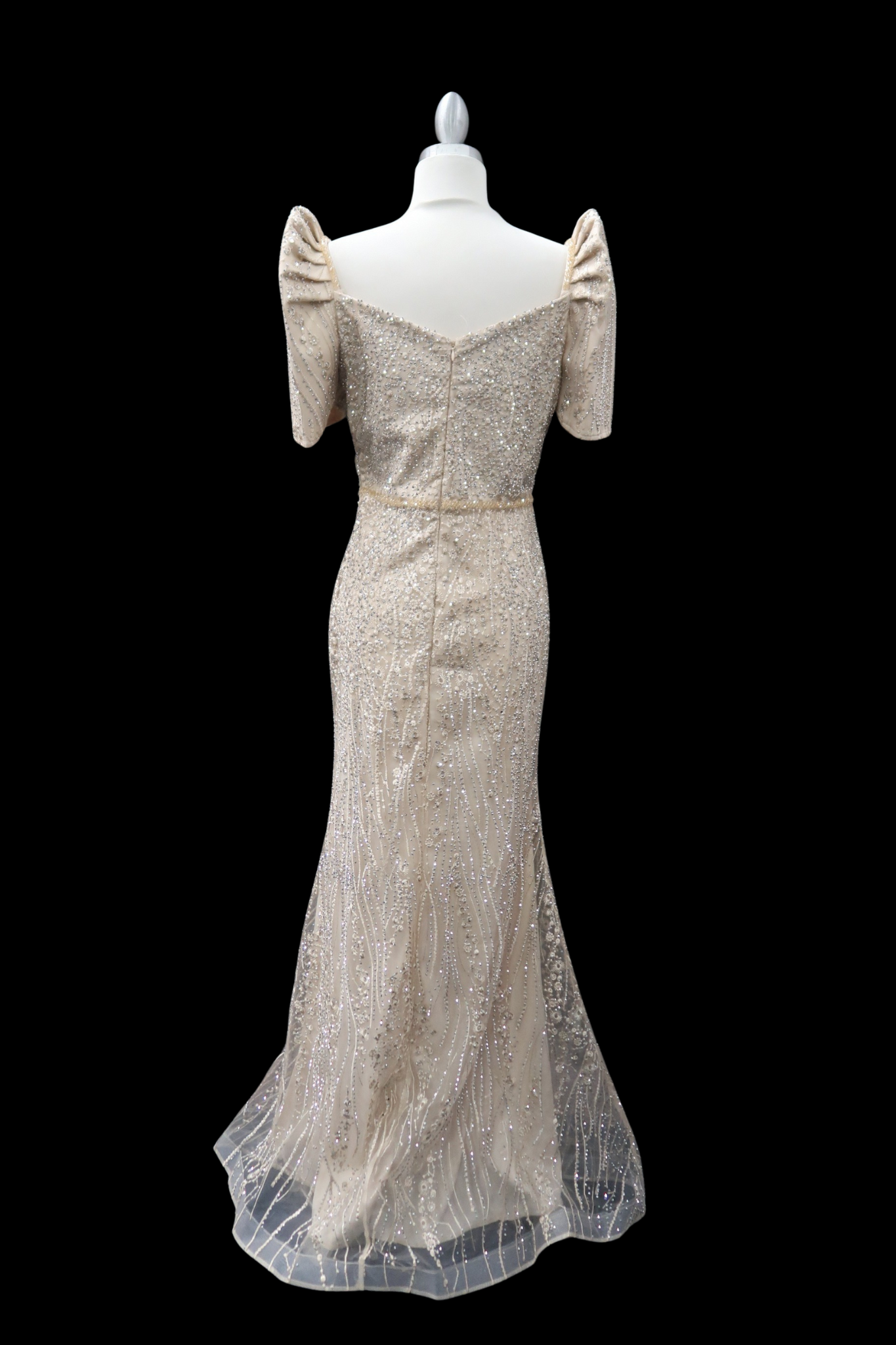 Serafina Rhinestone/Beaded Mestiza Gown - Beige