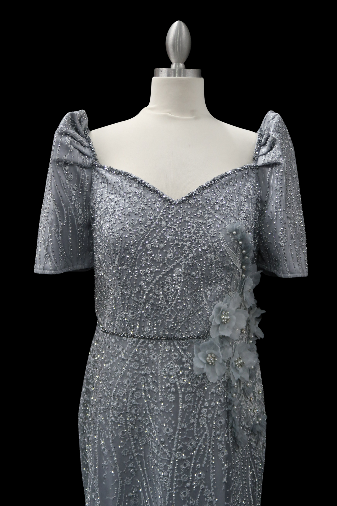 Serafina Rhinestone/Beaded Mestiza Gown - Gray