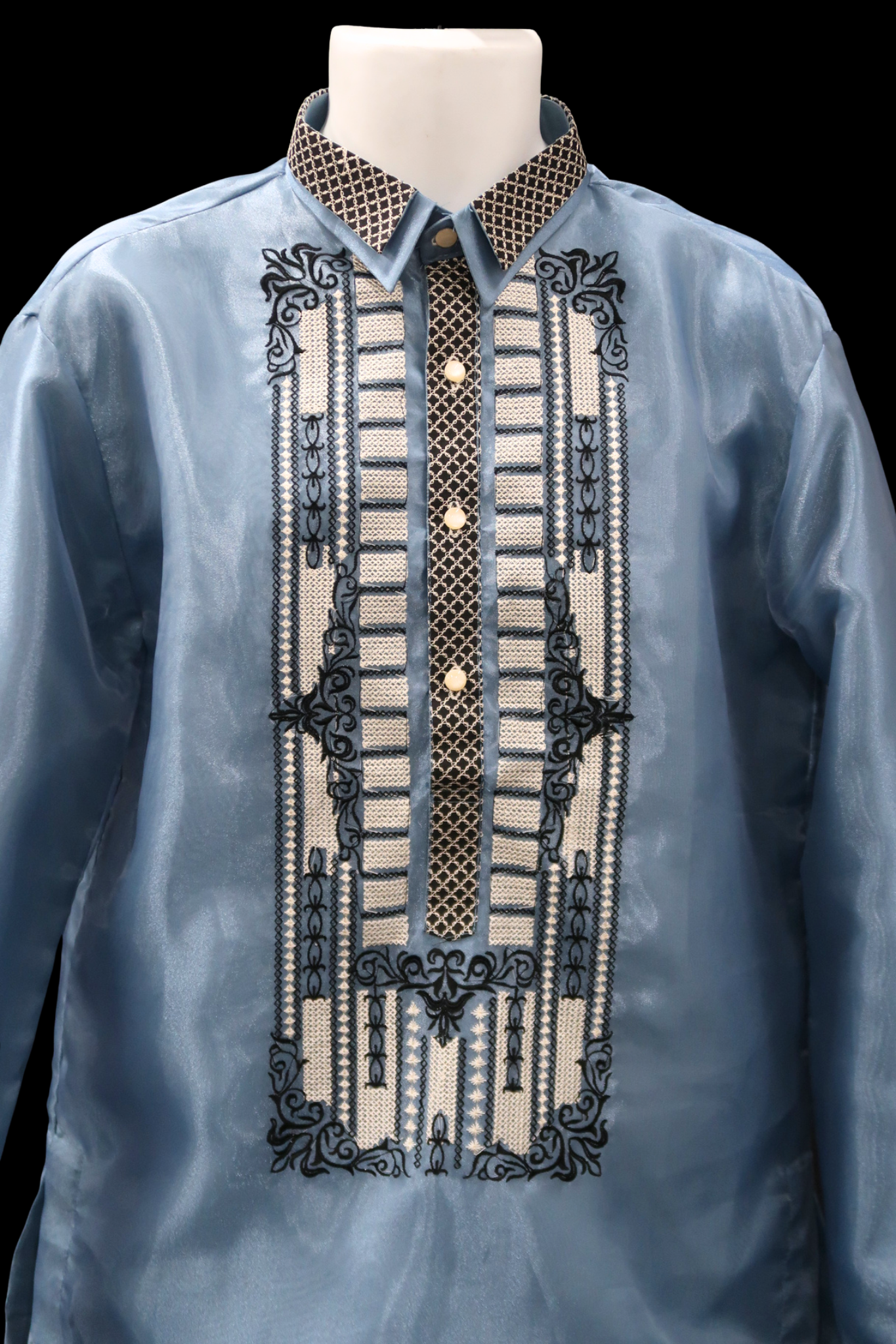 Bead Barong - Dusty Blue & Black Organza