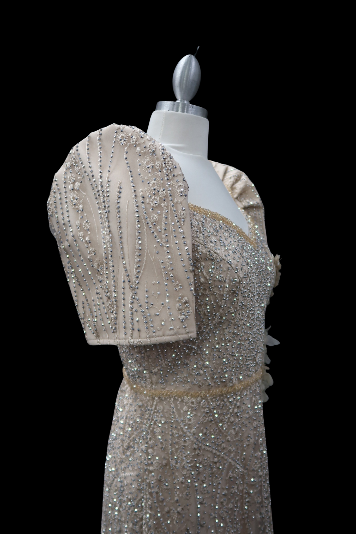 Serafina Rhinestone/Beaded Mestiza Gown - Beige