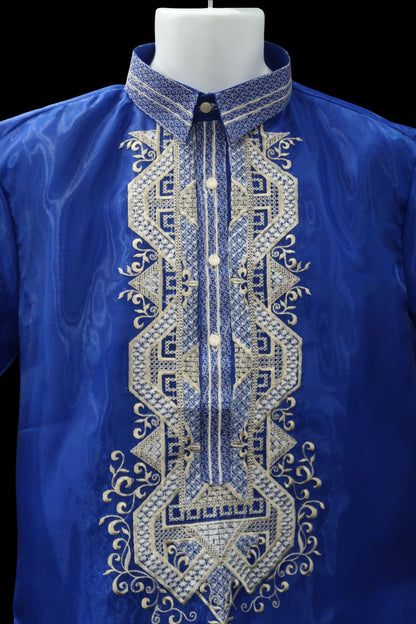 Short Sleeve Barong – Royal Blue Organza (Mark C Embroidery Designs)