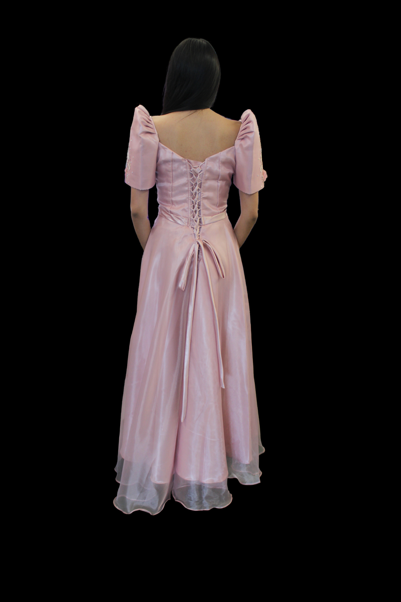 Light Pink Mestiza Satin Gown w/ 3D Lace