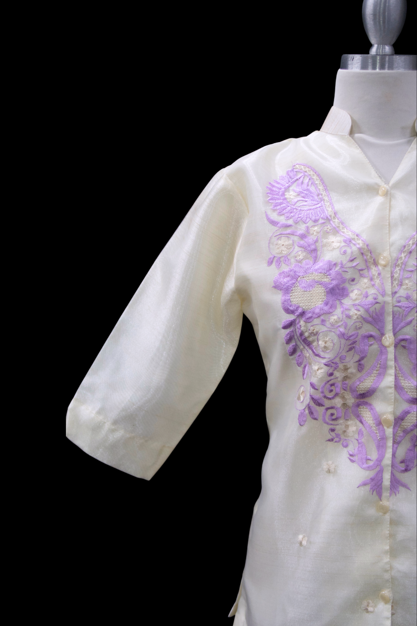 3/4 Sleeve Barong Blouse - Beige/Lavender