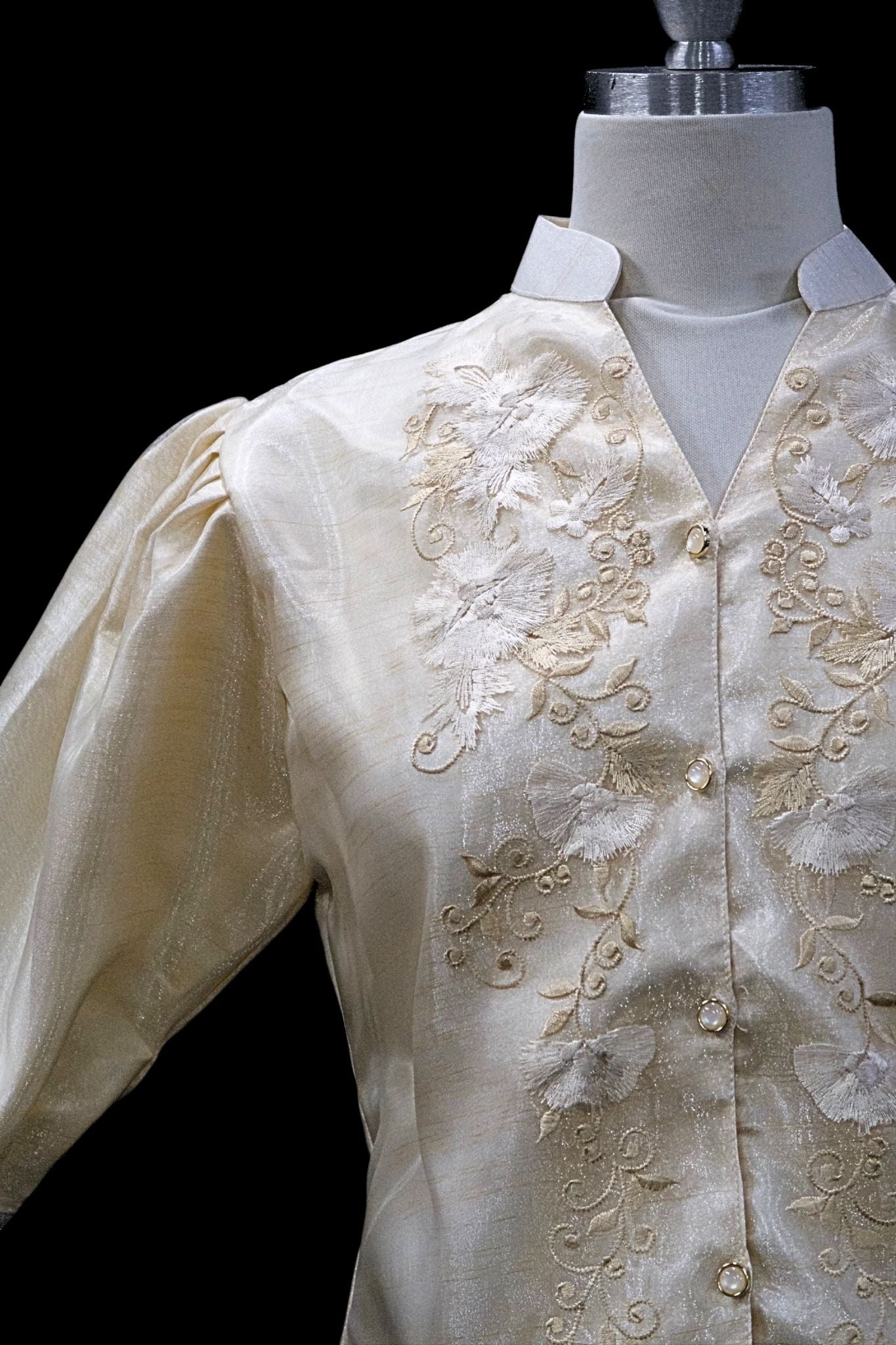 3/4 Puff Sleeve Barong Blouse - Satin Beige