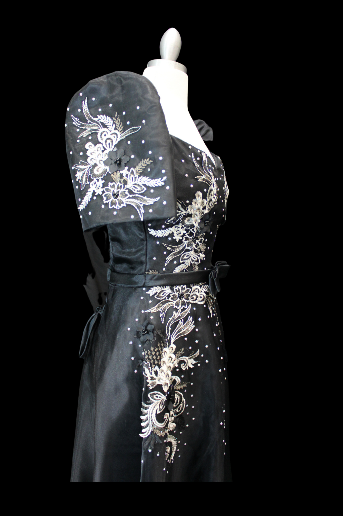 Black Mestiza Satin Gown w/ 3D Lace