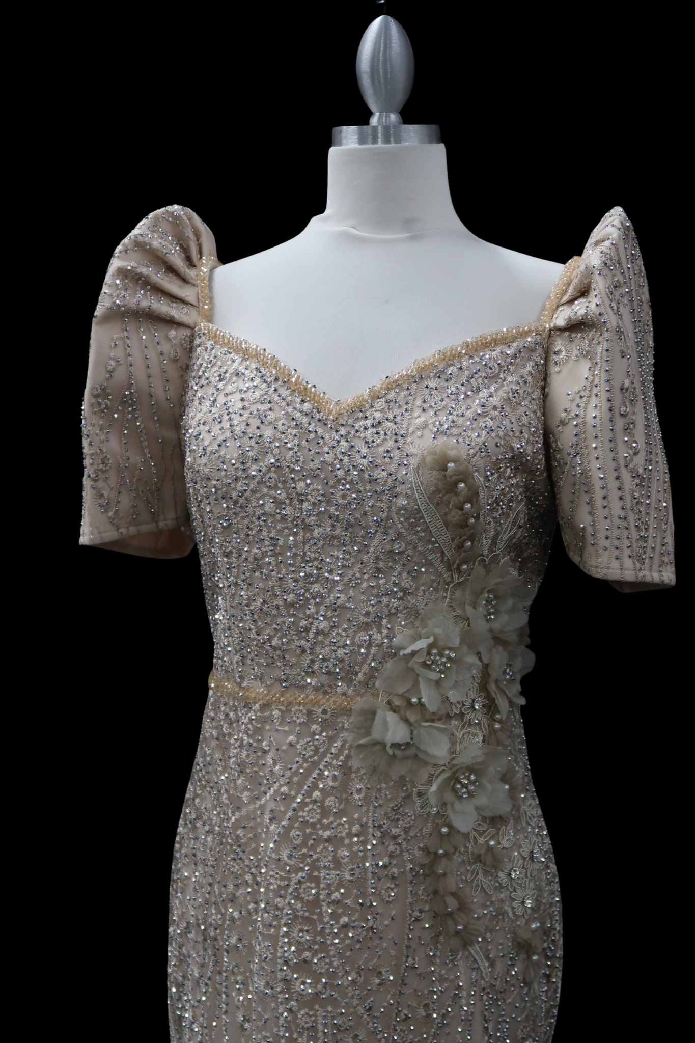 Serafina Rhinestone/Beaded Mestiza Gown - Beige