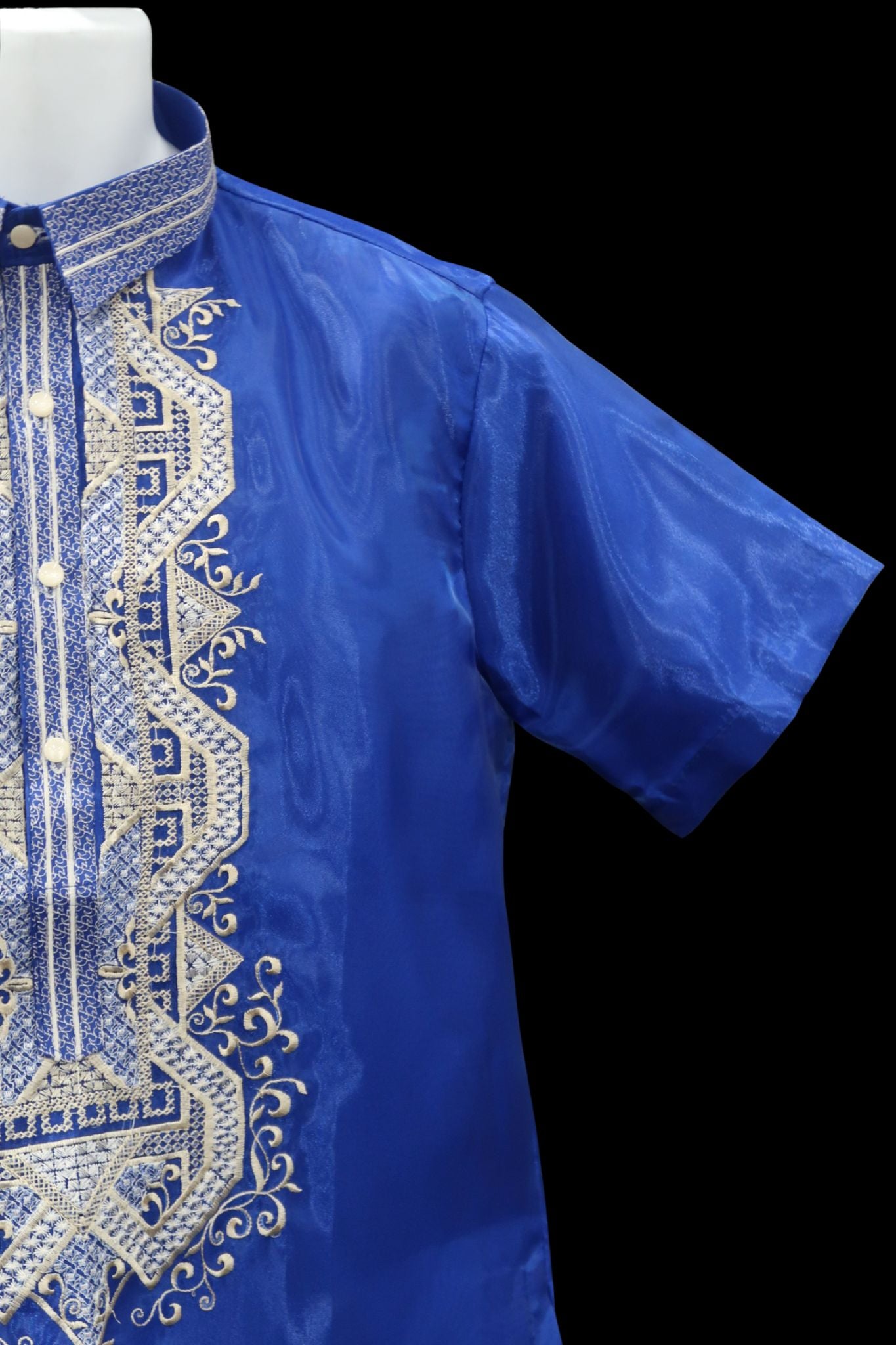 Short Sleeve Barong – Royal Blue Organza (Mark C Embroidery Designs)