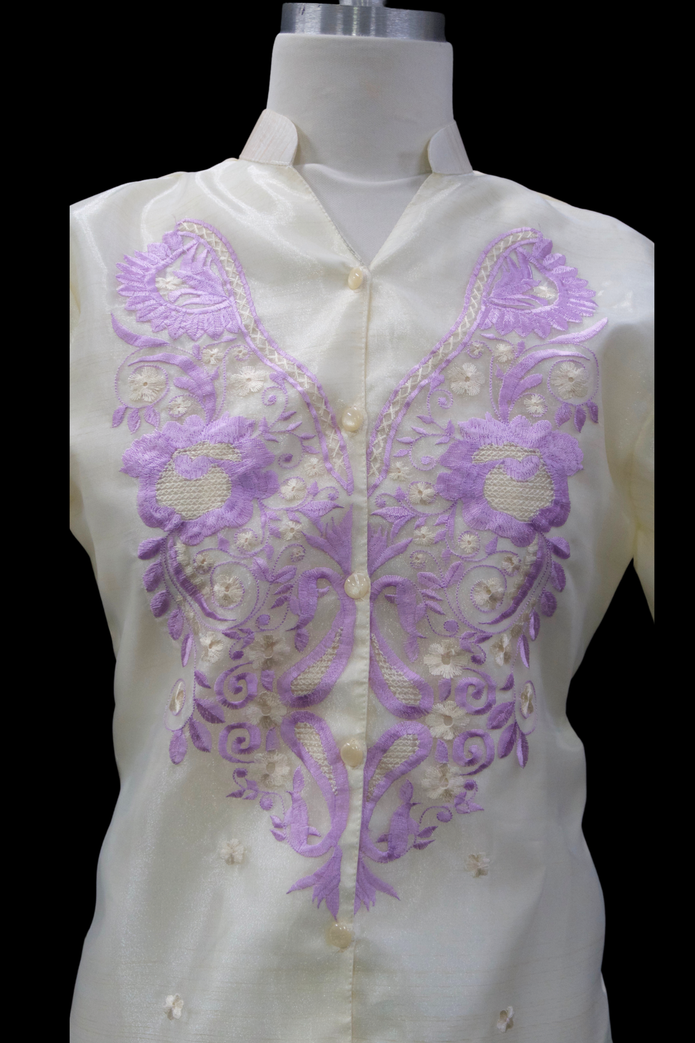 3/4 Sleeve Barong Blouse - Beige/Lavender