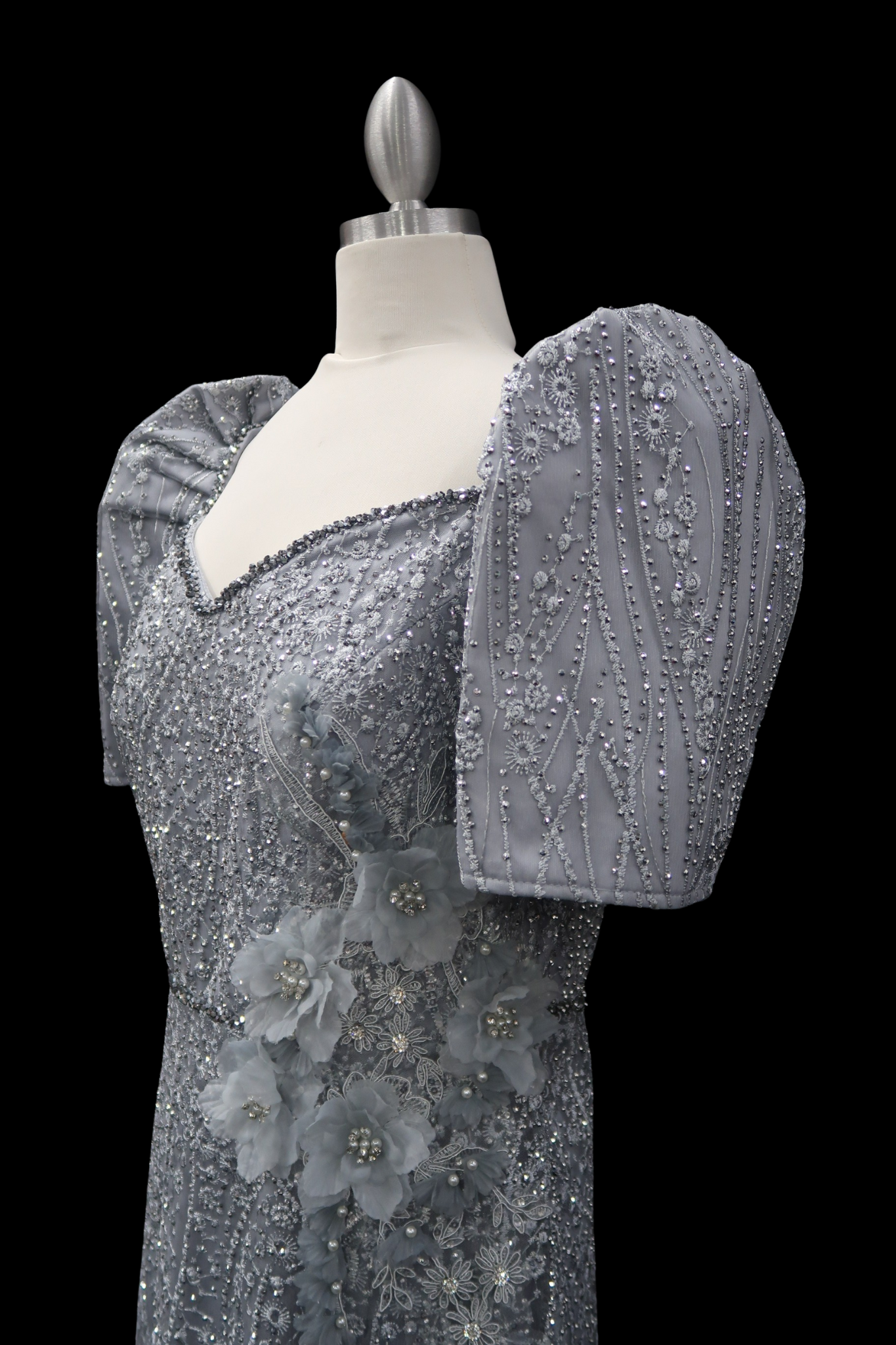 Serafina Rhinestone/Beaded Mestiza Gown - Gray