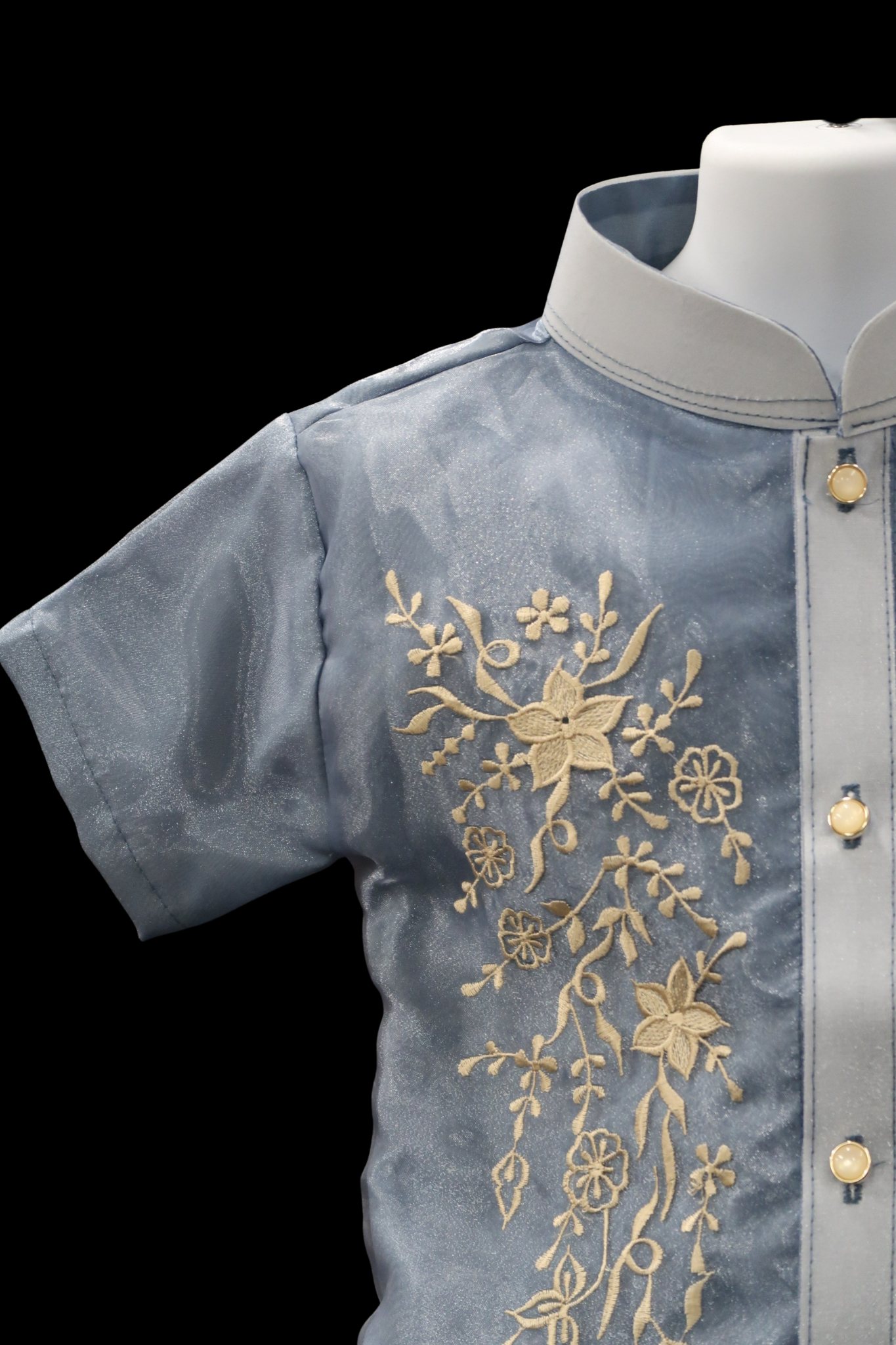 Kids Short Sleeve Barong - Dusty Blue Organza
