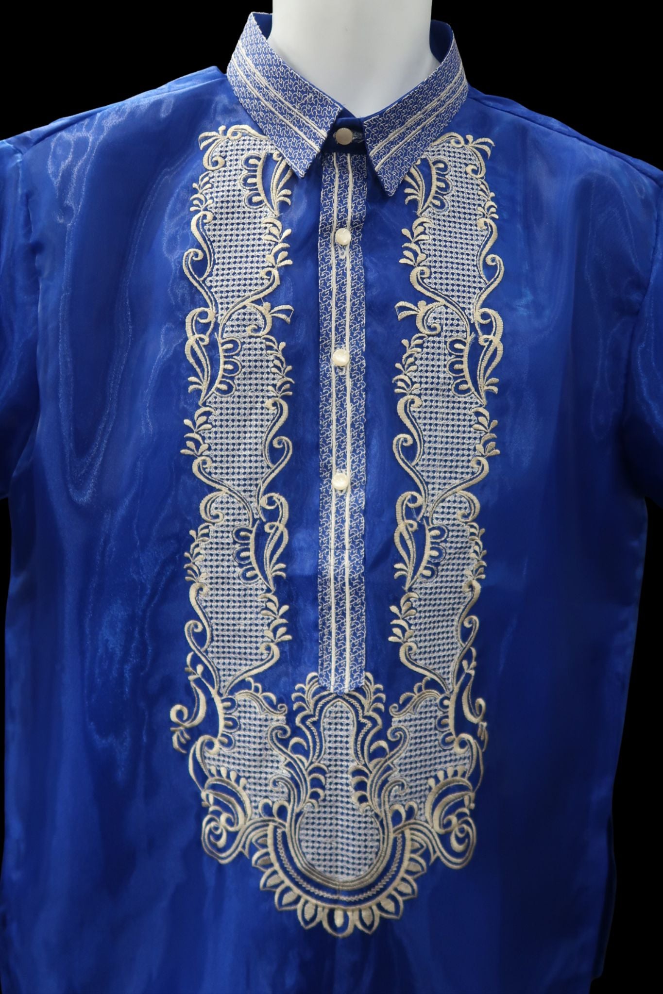 Short Sleeve Barong – Royal Blue Organza (Mark C Embroidery Designs)