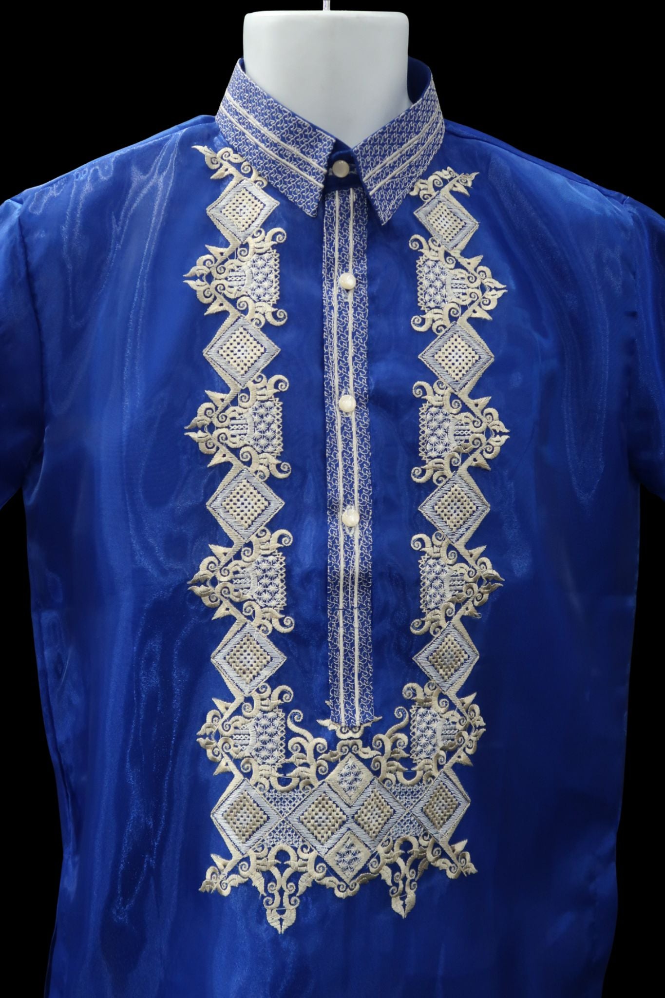 Short Sleeve Barong – Royal Blue Organza (Mark C Embroidery Designs)