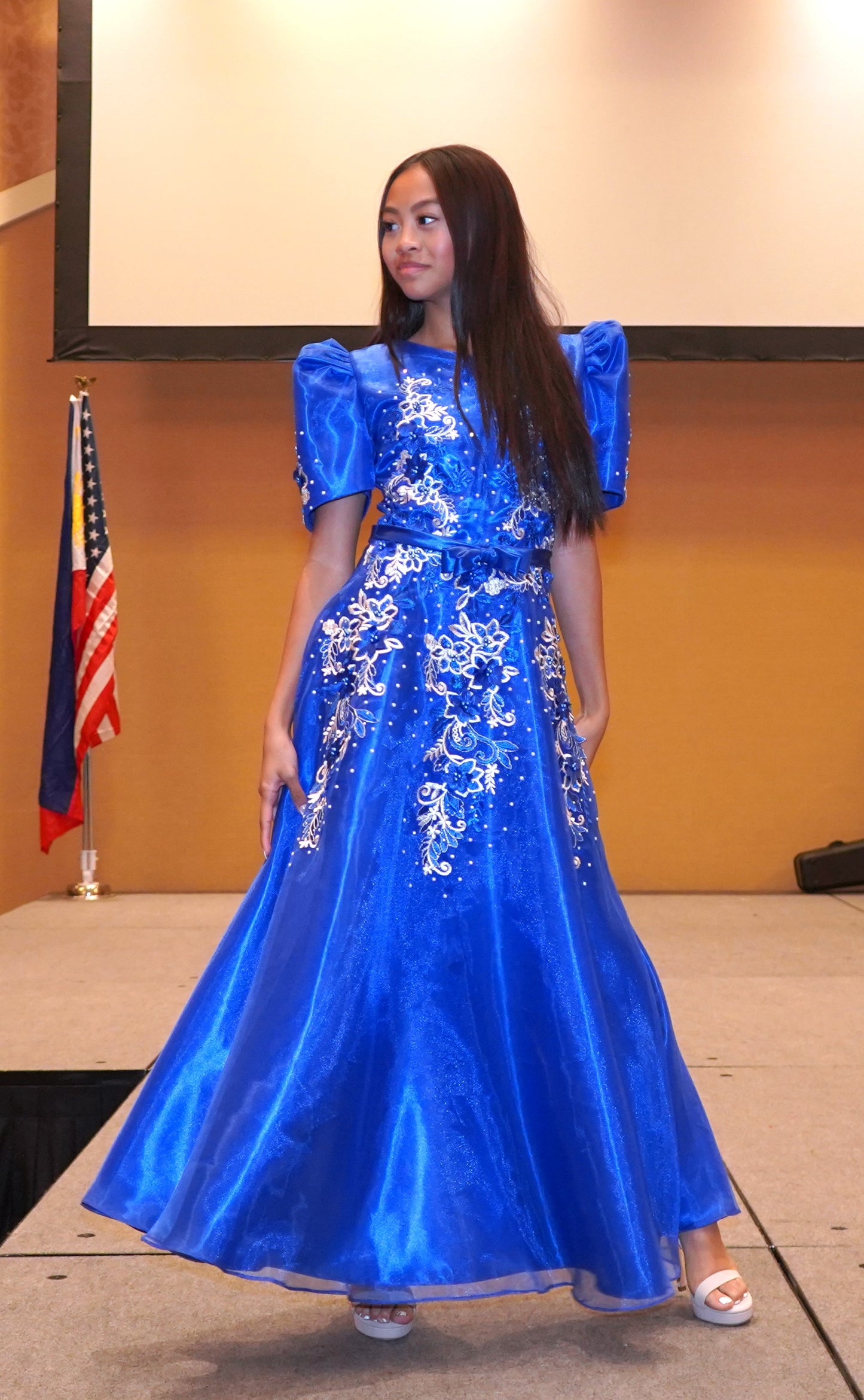 Royal Blue Mestiza Satin Gown w/ 3D Lace