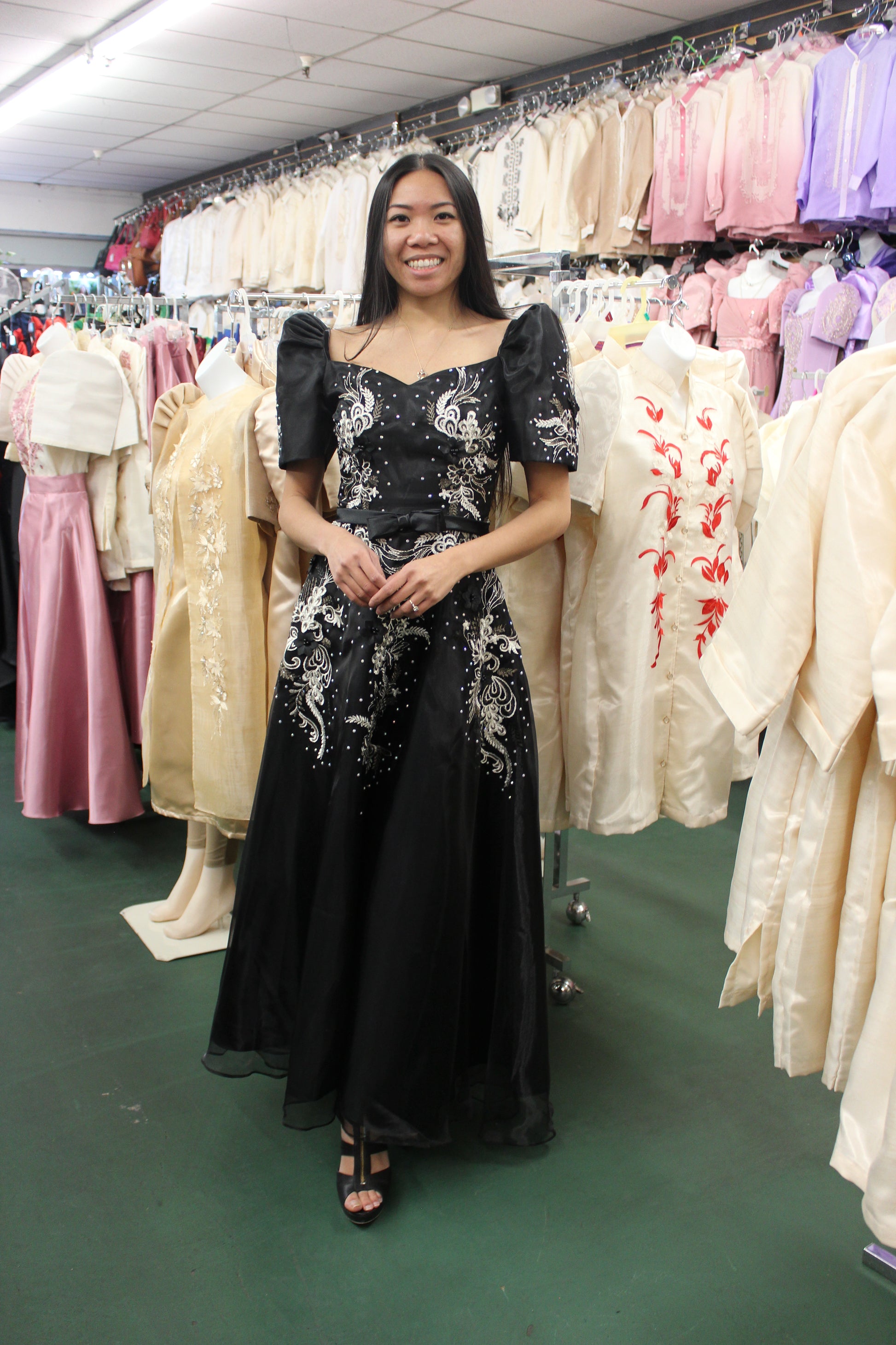 Black Mestiza Satin Gown w/ 3D Lace Black Mestiza Satin Gown w/ 3D Lace