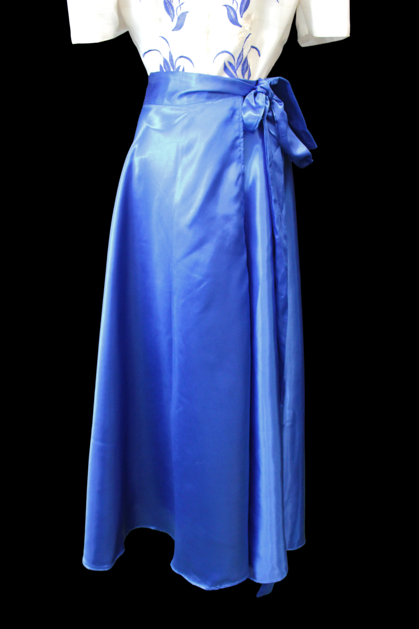 19533 Navy Blue Draped Wrap Skirt Satin Dress