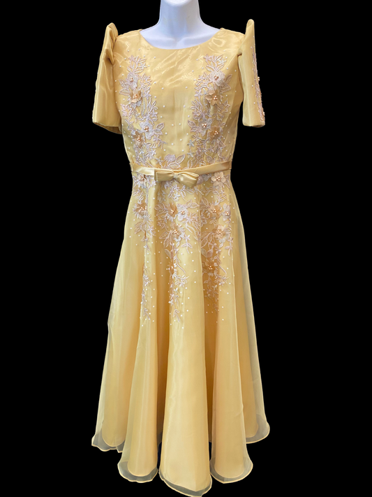 Matte Gold Mestiza Satin Gown w/ 3D Lace