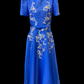 full length view of Royal blue satin gown w/ butterfly sleeves. 3d lace applique detailing throughout front of gown