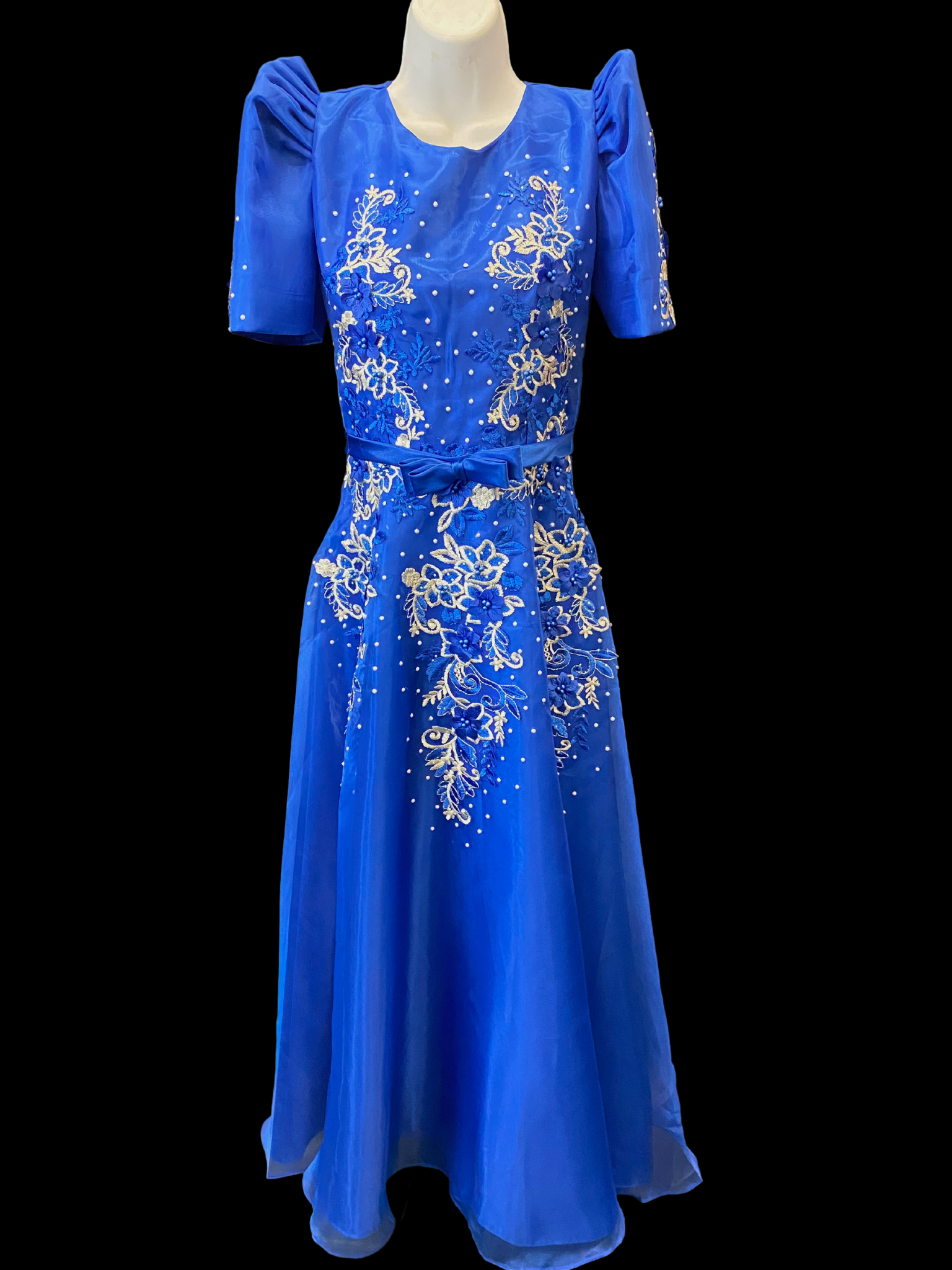 full length view of Royal blue satin gown w/ butterfly sleeves. 3d lace applique detailing throughout front of gown